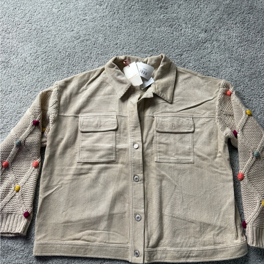 NWT Women's Beige corduroy Button-Up Jacket with Colorful Accents Size M